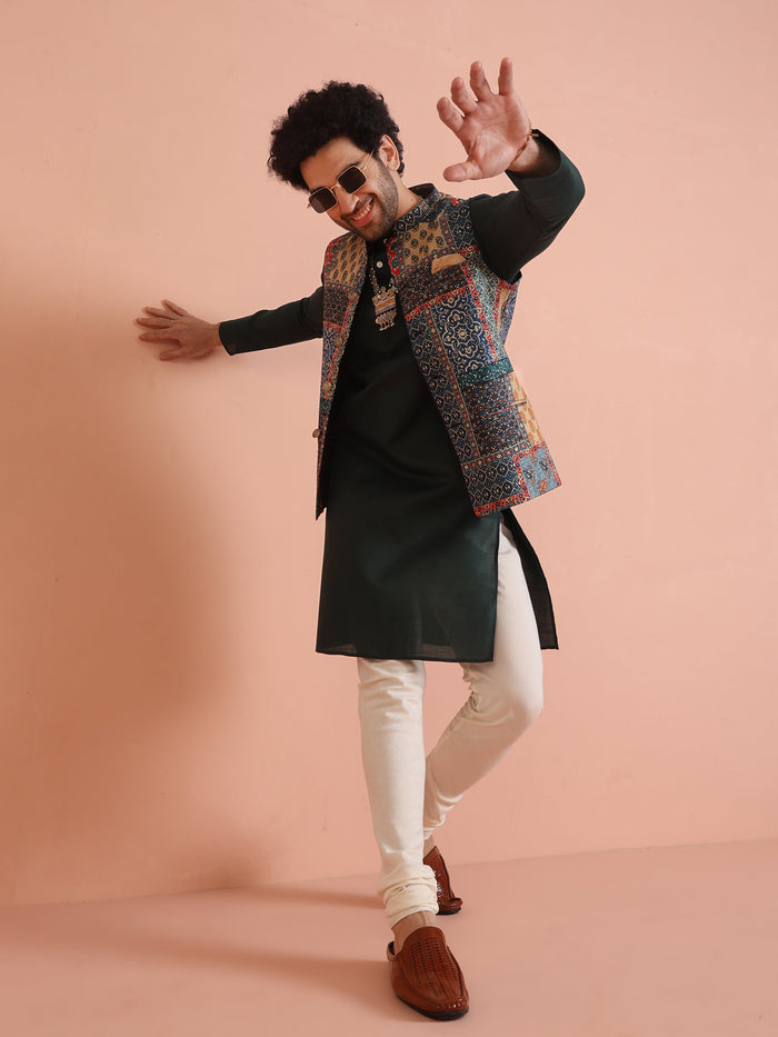 Multicolor Patchwork Printed Silk Blend Nehru Jacket with Mandarin Collar