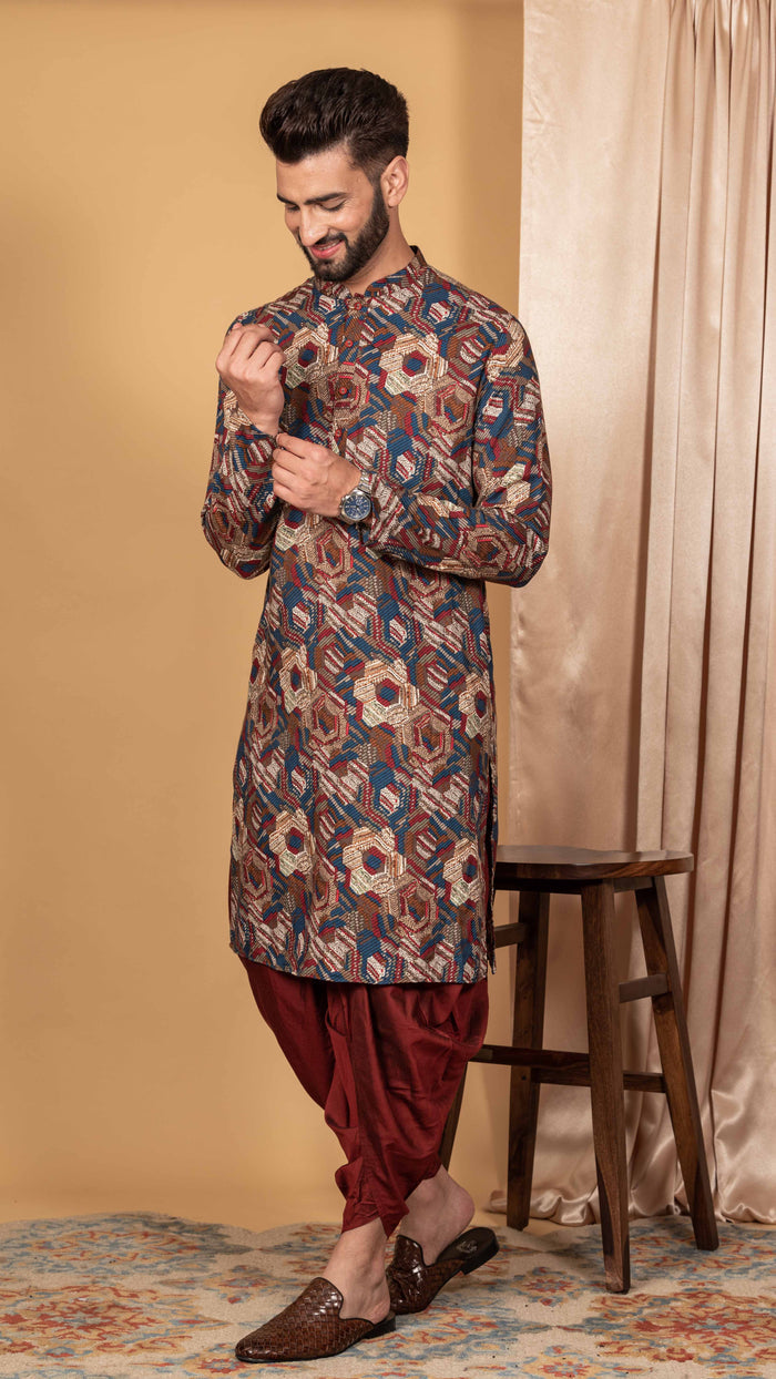 Multicolor Printed Cotton Kurta Dhoti Set