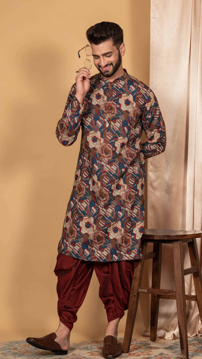 Multicolor Printed Cotton Kurta Dhoti Set
