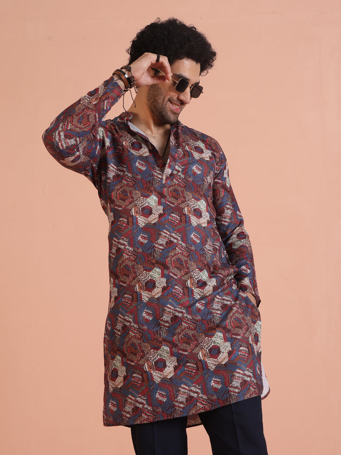 Multicolor Printed Cotton Kurta Set with Geometric Motifs and Navy Blue Trousers â€“ Festive & Wedding Ensemble