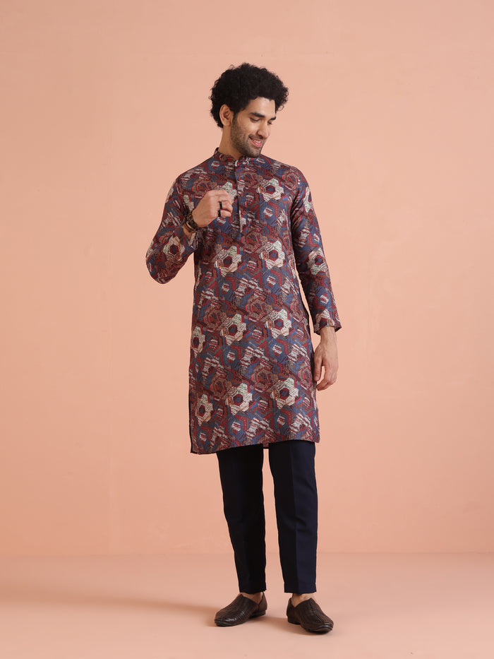 Multicolor Printed Cotton Kurta Set with Geometric Motifs and Navy Blue Trousers â€“ Festive & Wedding Ensemble