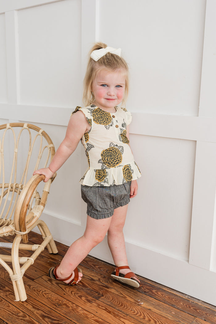 Mustard & Grey Floral Print Sleeve Ruffled Top & Black Chambray Shorts Set dress & diaper cover Yo Baby India