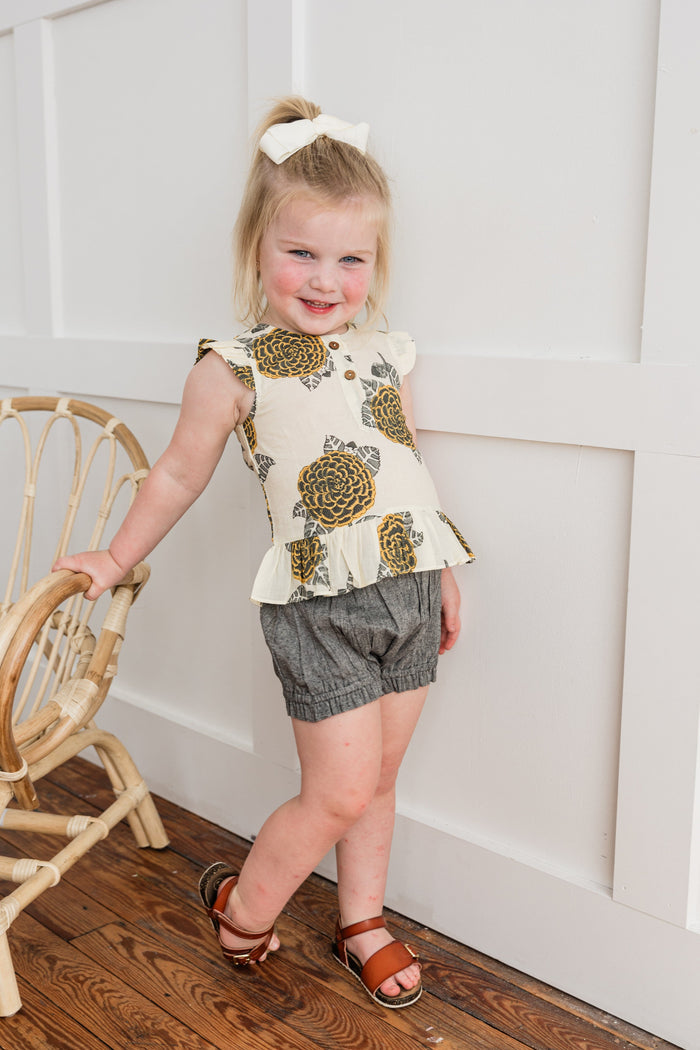 Mustard & Grey Floral Print Sleeve Ruffled Top & Black Chambray Shorts Set dress & diaper cover Yo Baby India