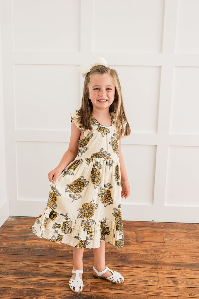 Mustard & Grey Floral Print Sleeve & Bottom Ruffled Gathered Dress Dress Yo Baby India