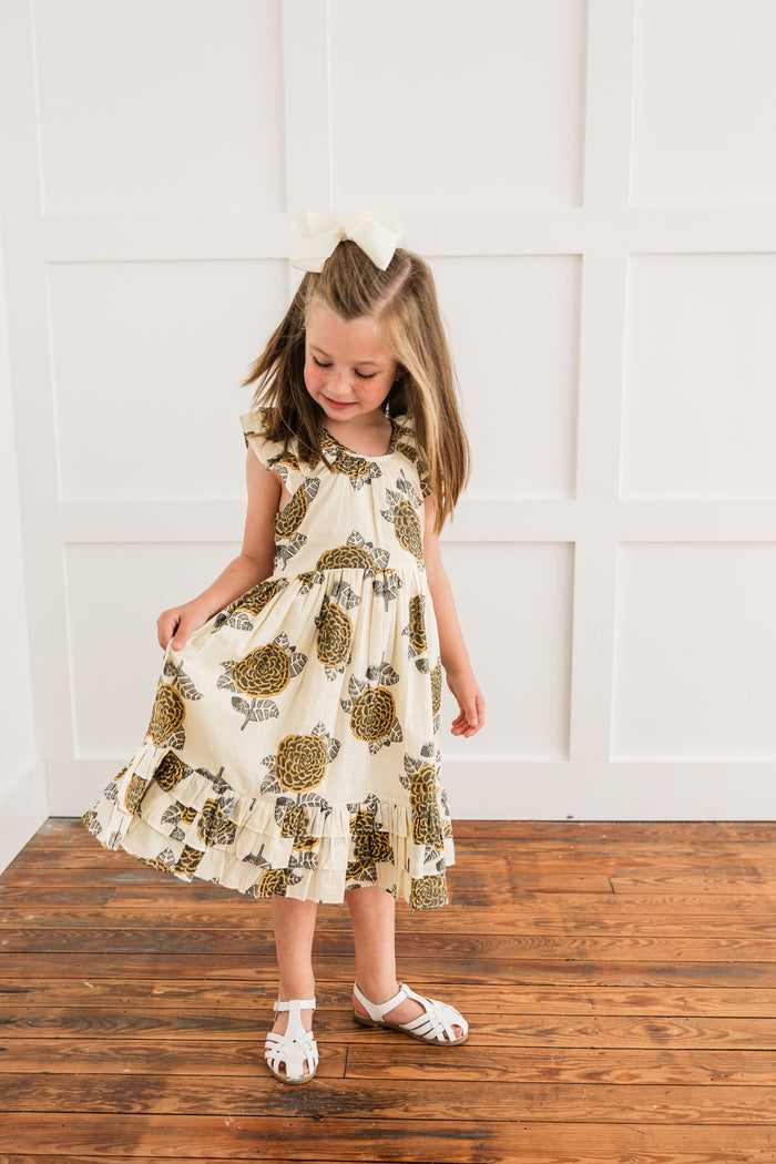 Mustard & Grey Floral Print Sleeve & Bottom Ruffled Gathered Dress Dress Yo Baby India