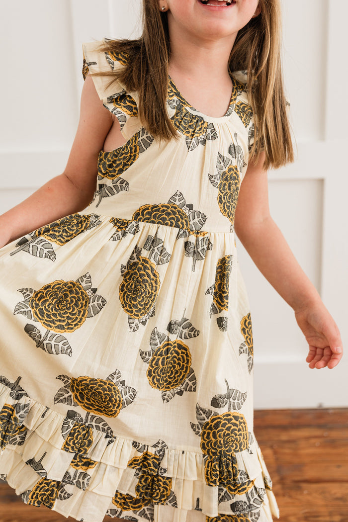 Mustard & Grey Floral Print Sleeve & Bottom Ruffled Gathered Dress Dress Yo Baby India