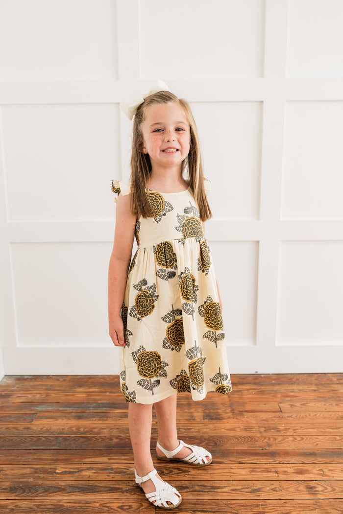 Mustard & Grey Floral Print Sleeve Ruffled Gathered Dress Dress Yo Baby India