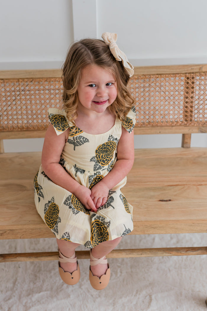 Mustard & Grey Floral Print Sleeve Ruffled Gathered Dress Dress Yo Baby India