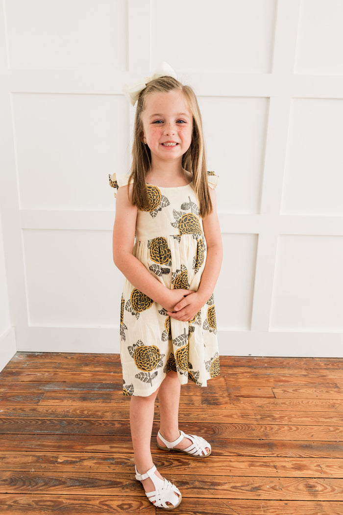 Mustard & Grey Floral Print Sleeve Ruffled Gathered Dress Dress Yo Baby India