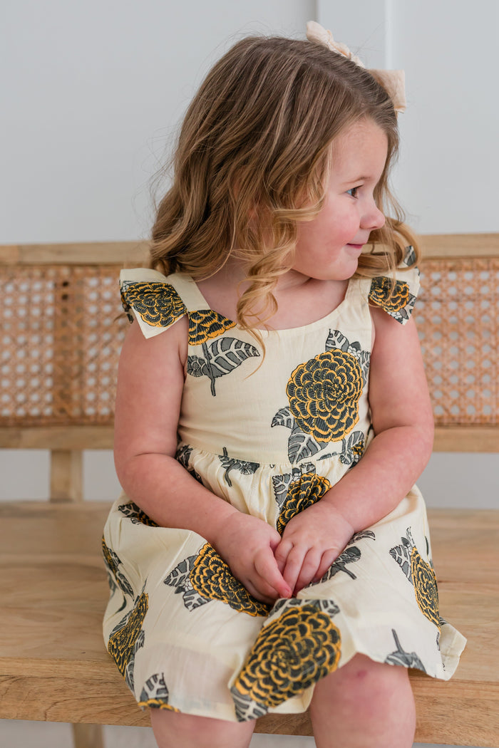 Mustard & Grey Floral Print Sleeve Ruffled Gathered Dress Dress Yo Baby India