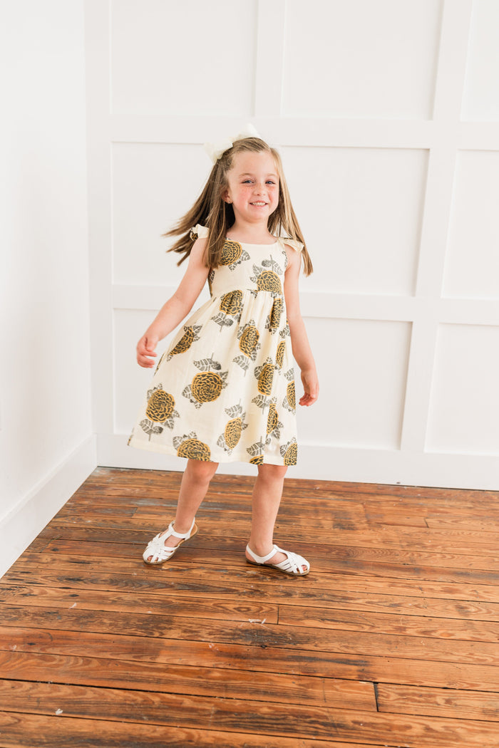 Mustard & Grey Floral Print Sleeve Ruffled Gathered Dress Dress Yo Baby India