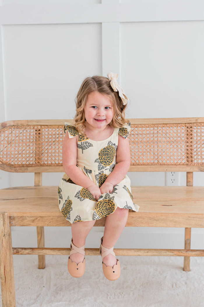 Mustard & Grey Floral Print Sleeve Ruffled Gathered Dress Dress Yo Baby India