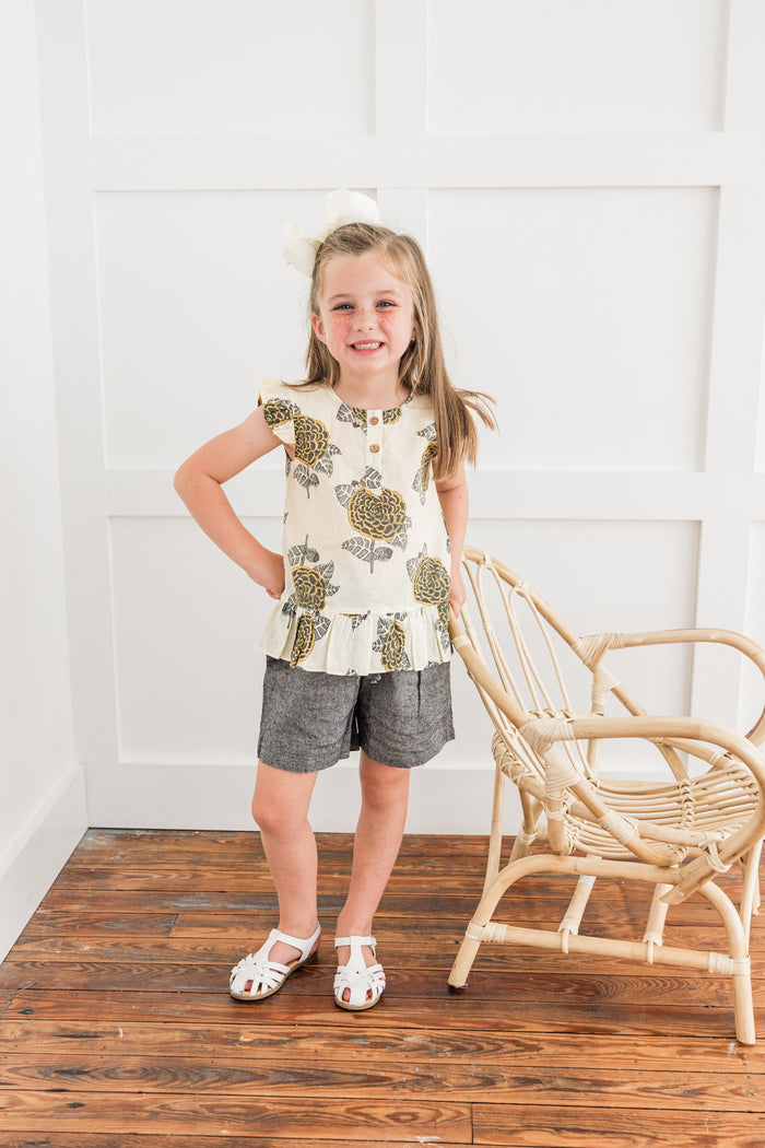 Mustard & Grey Floral Print Sleeve Ruffled Top & Black Chambray Shorts Set dress & diaper cover Yo Baby India