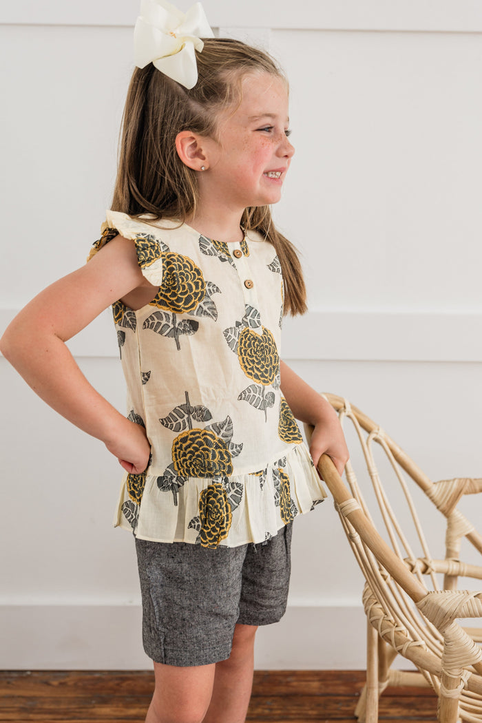 Mustard & Grey Floral Print Sleeve Ruffled Top & Black Chambray Shorts Set dress & diaper cover Yo Baby India