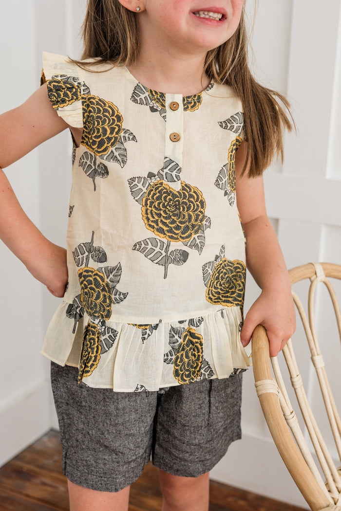 Mustard & Grey Floral Print Sleeve Ruffled Top & Black Chambray Shorts Set dress & diaper cover Yo Baby India