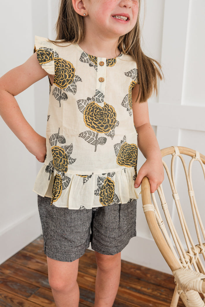 Mustard & Grey Floral Print Sleeve Ruffled Top & Black Chambray Shorts Set dress & diaper cover Yo Baby India