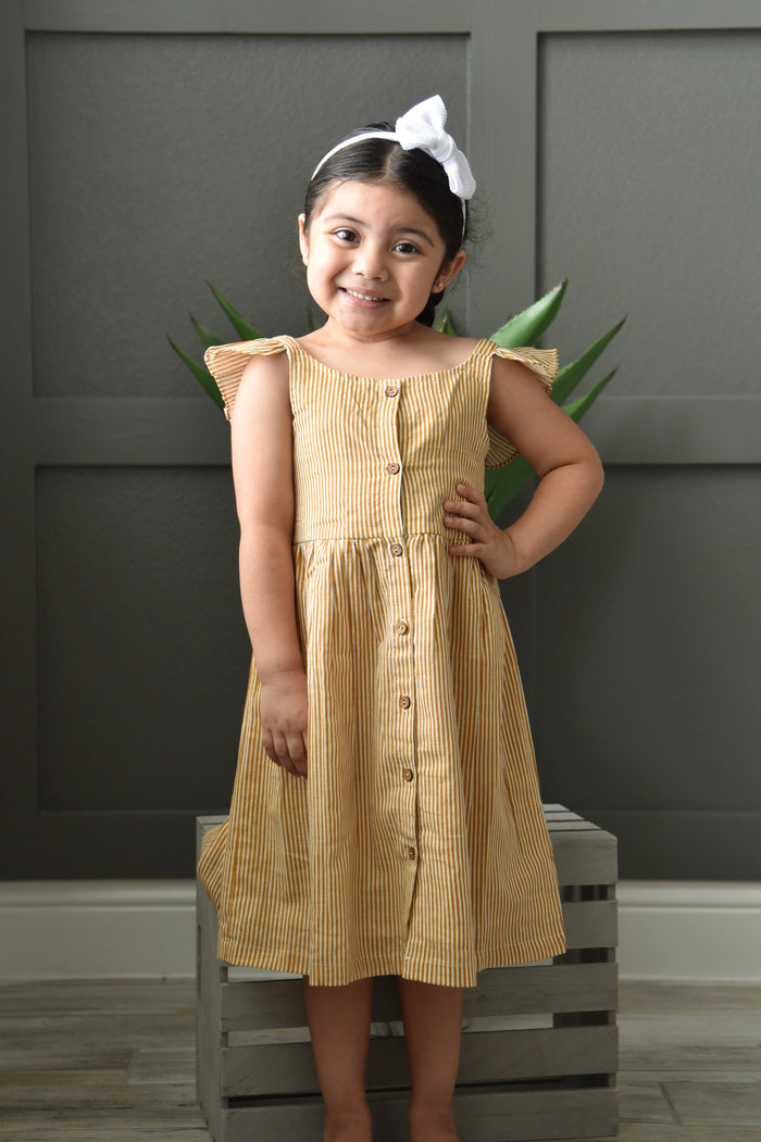 Mustard Pinstripes Flutter Sleeves Shirt Dress Dress Yo Baby Wholesale