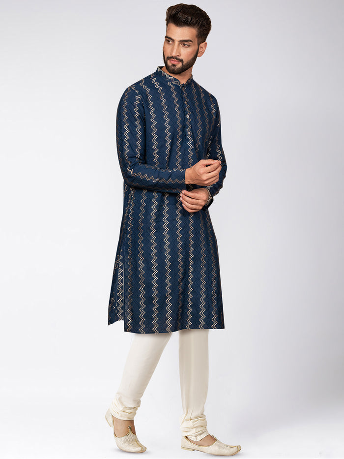 Navy Art Silk Zigzag Kurta Cream Churidar Set