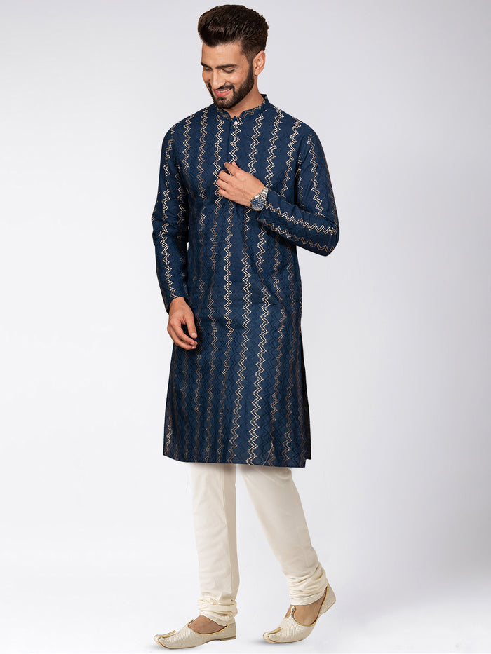 Navy Art Silk Zigzag Kurta Cream Churidar Set