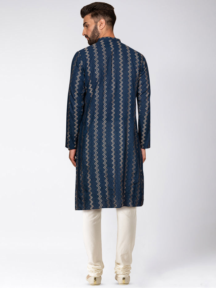 Navy Art Silk Zigzag Kurta Cream Churidar Set