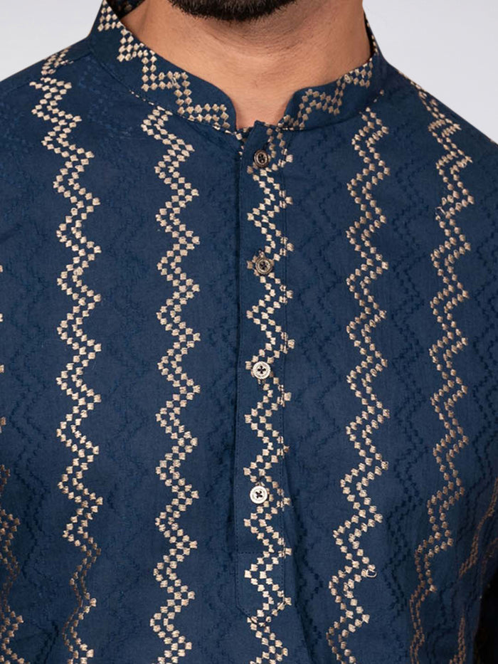 Navy Art Silk Zigzag Kurta Cream Churidar Set