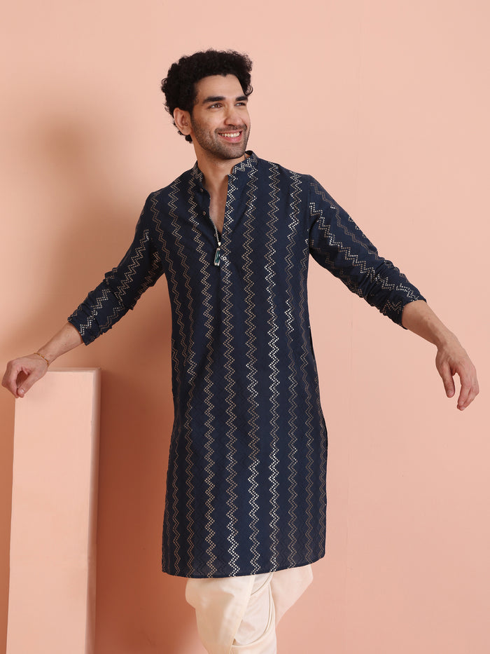 Navy Art Silk Zigzag Kurta