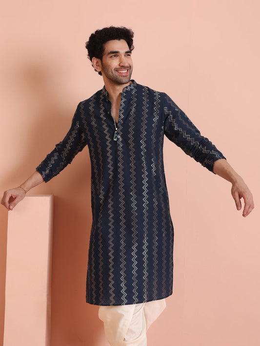 Navy Art Silk Zigzag Kurta