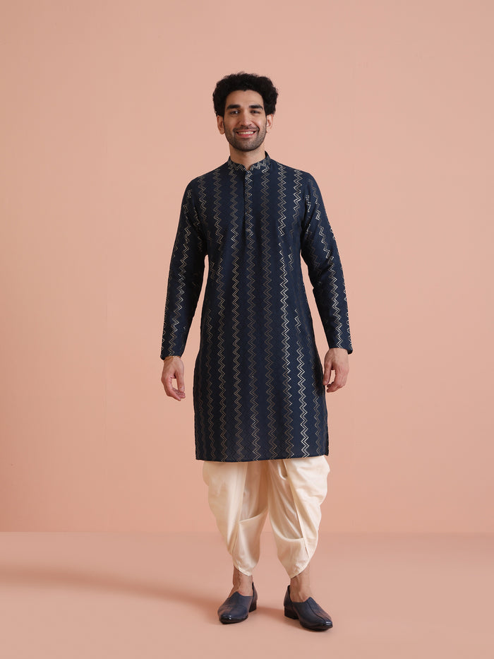 Navy Art Silk Zigzag Kurta