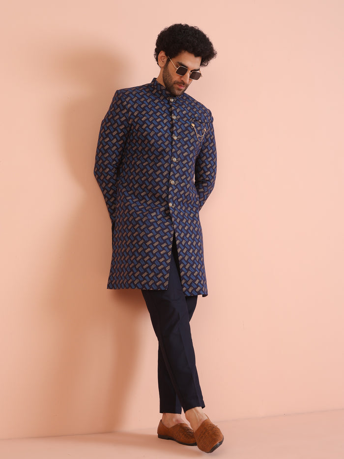 Navy Blue Printed Indo-Western Sherwani Set