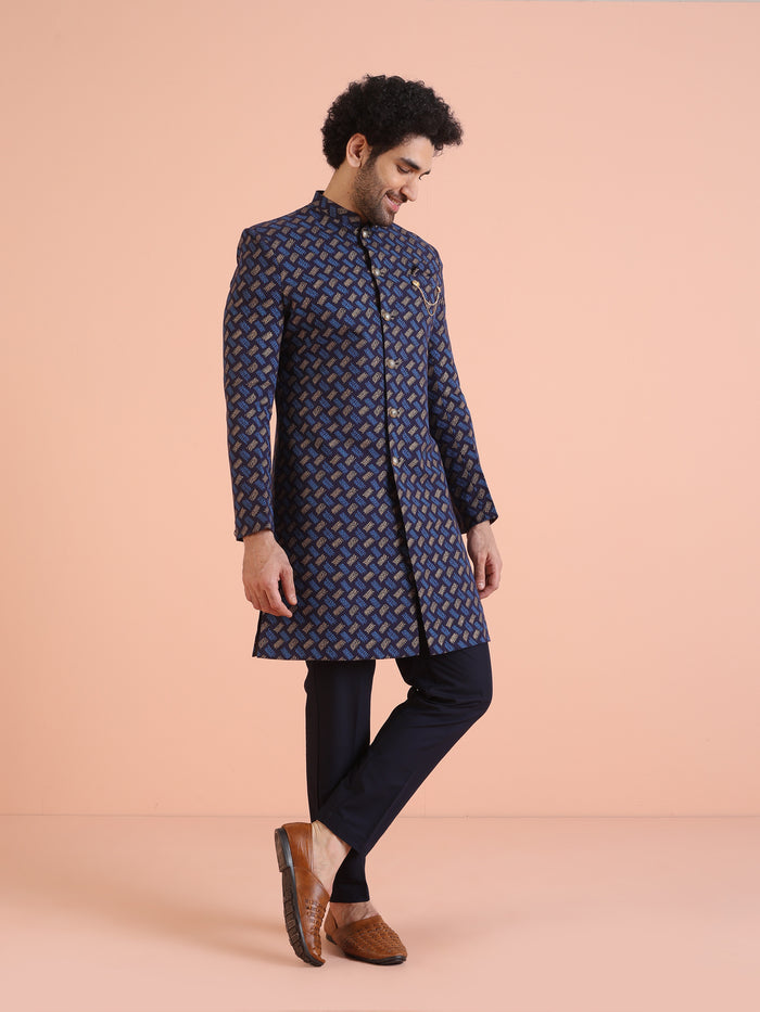 Navy Blue Printed Indo-Western Sherwani Set
