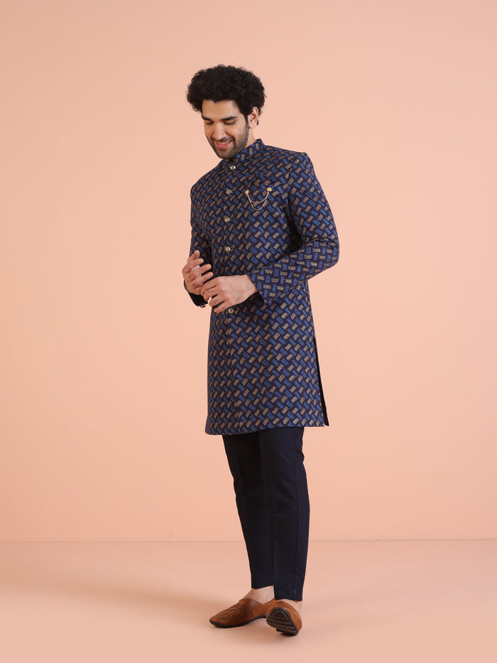 Navy Blue Printed Indo-Western Sherwani Set