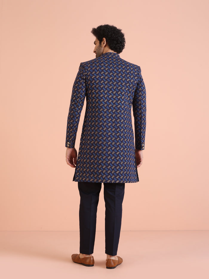 Navy Blue Printed Indo-Western Sherwani Set