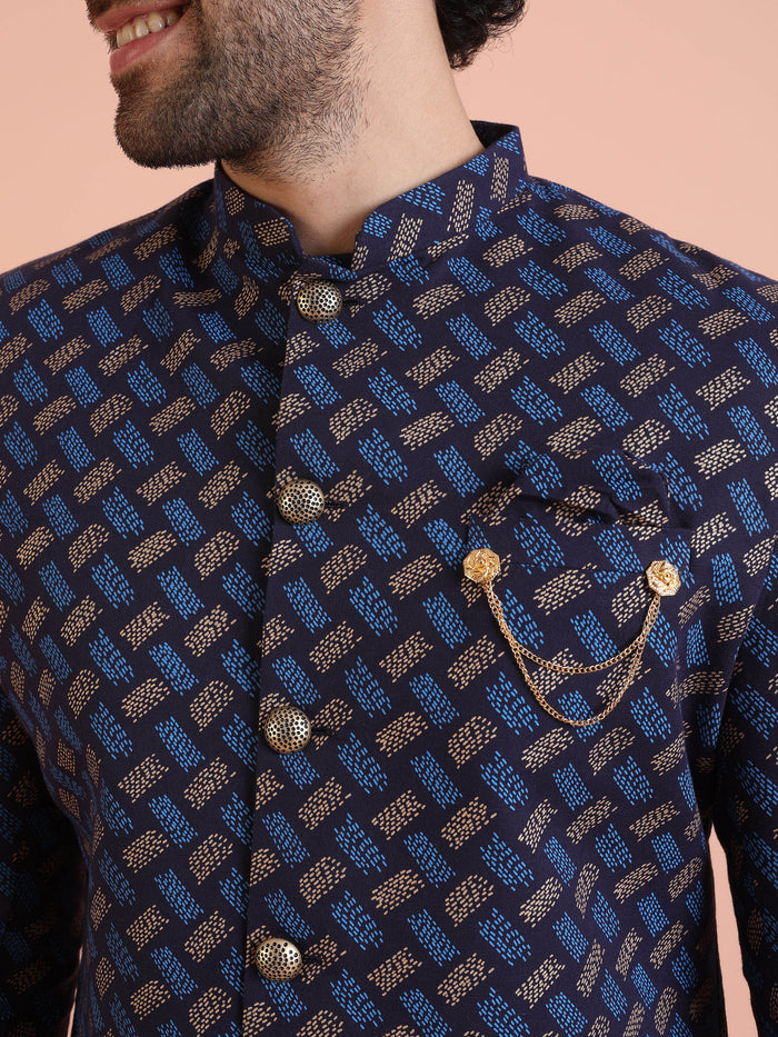 Navy Blue Printed Indo-Western Sherwani Set