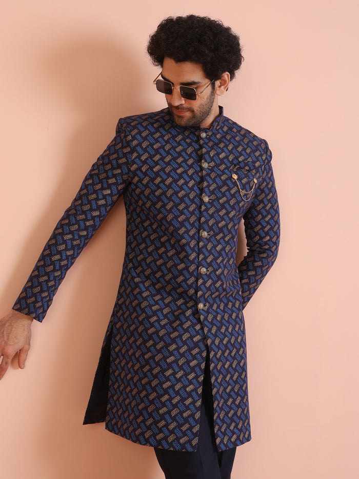 Navy Blue Printed Indo-Western Sherwani Set