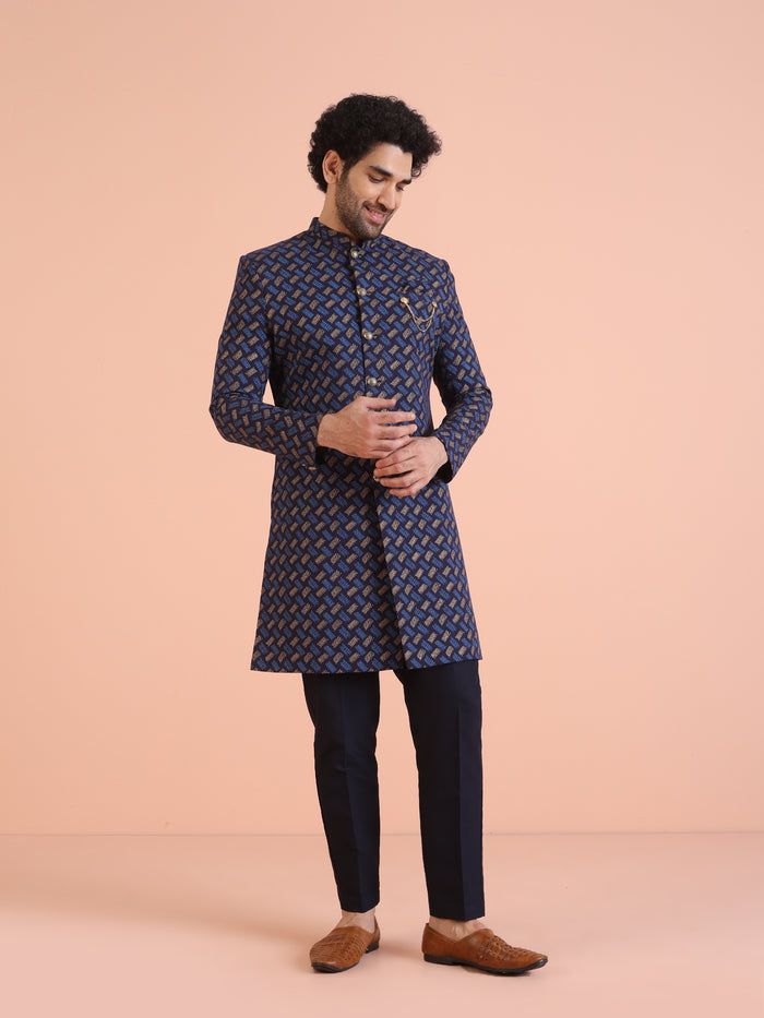 Navy Blue Printed Indo-Western Sherwani Set