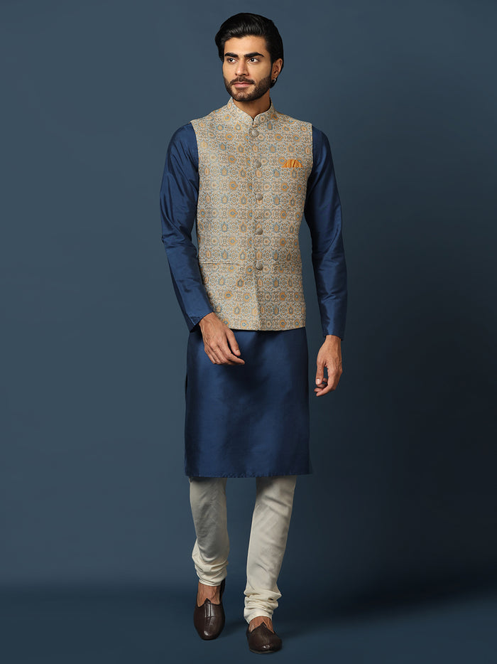 Navy Blue Silk Blend Textured Nehru Jacket Kurta Set