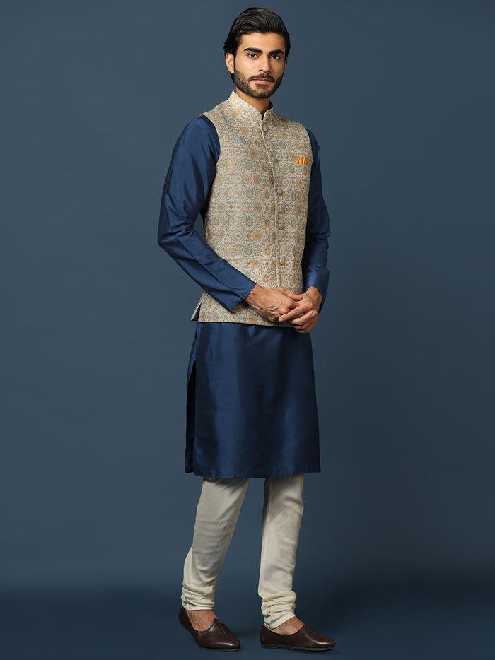 Navy Blue Silk Blend Textured Nehru Jacket Kurta Set