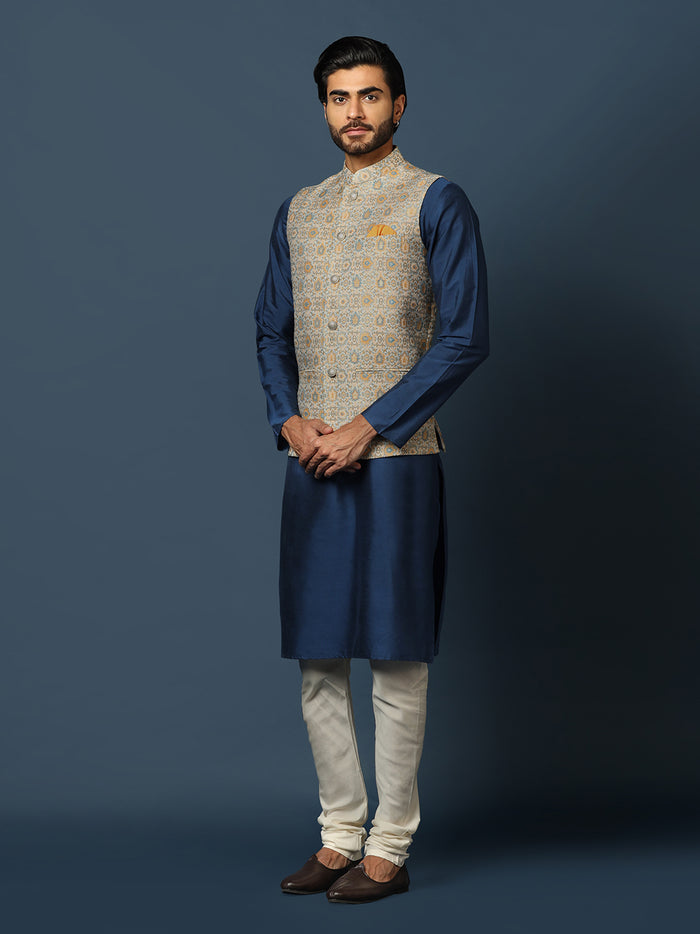 Navy Blue Silk Blend Textured Nehru Jacket Kurta Set