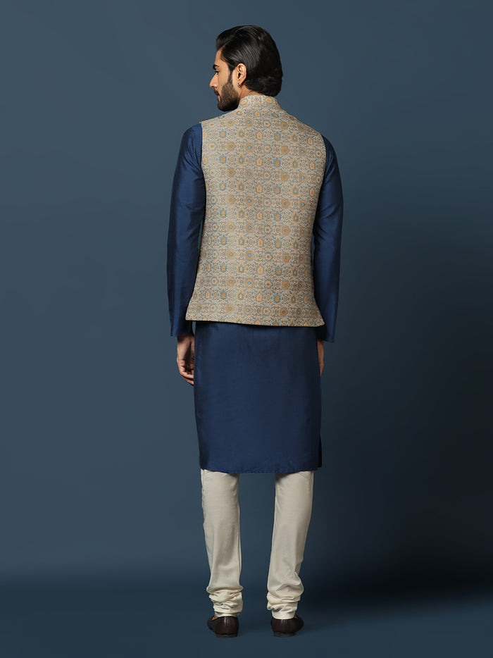 Navy Blue Silk Blend Textured Nehru Jacket Kurta Set