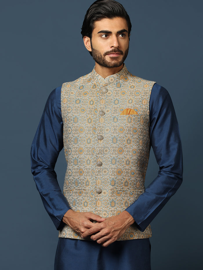 Navy Blue Silk Blend Textured Nehru Jacket Kurta Set