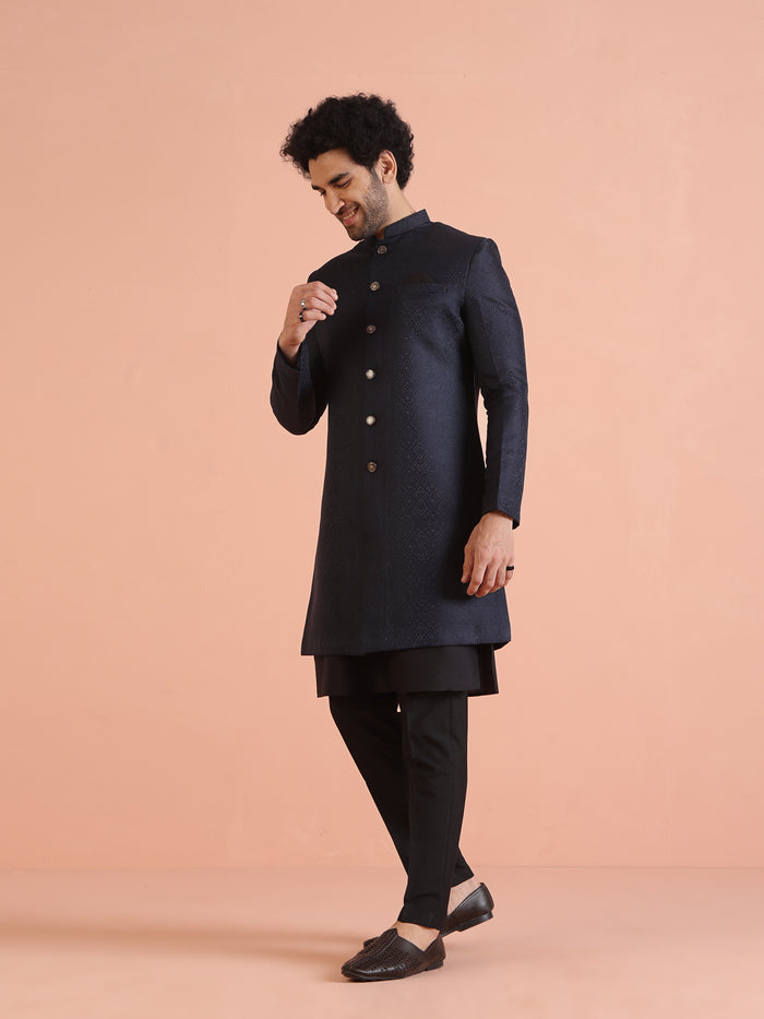 Navy Blue Silk Blend Woven Sherwani Kurta Trouser Set