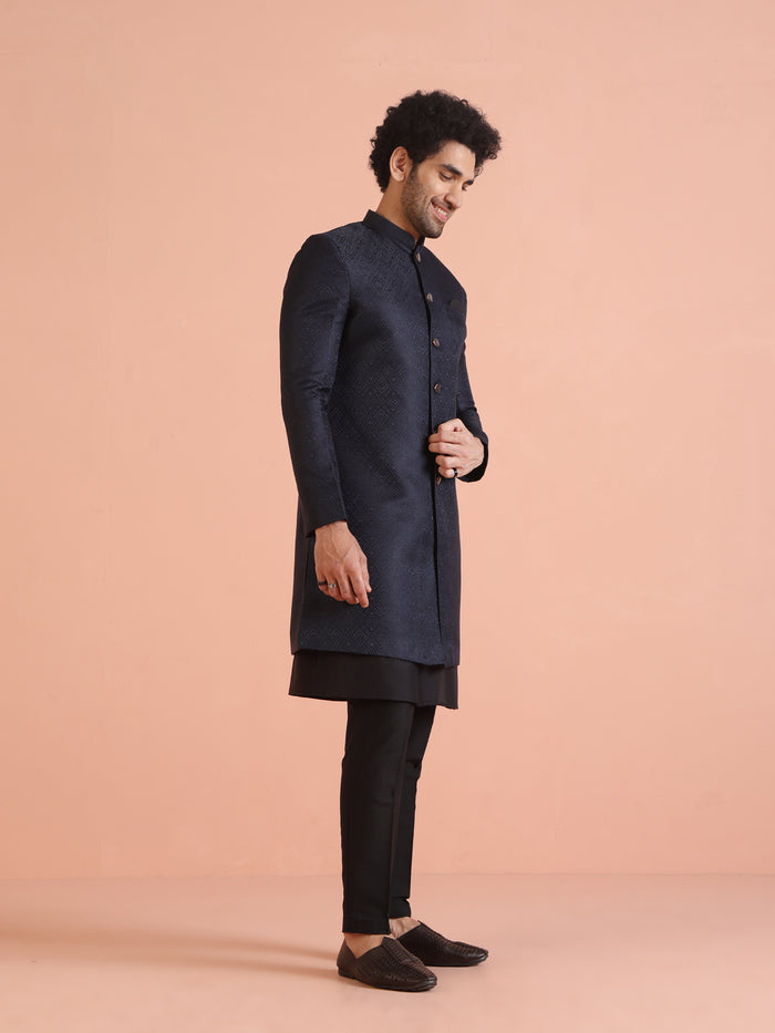 Navy Blue Silk Blend Woven Sherwani Kurta Trouser Set