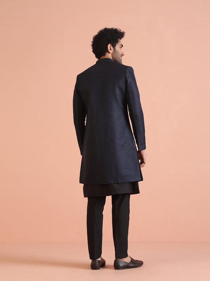 Navy Blue Silk Blend Woven Sherwani Kurta Trouser Set