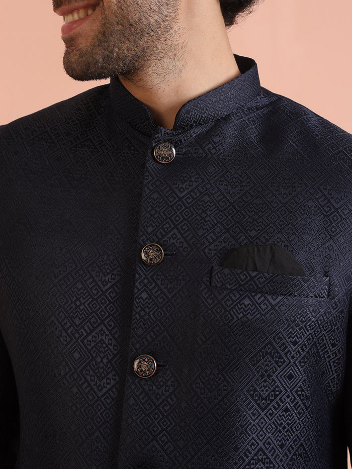 Navy Blue Silk Blend Woven Sherwani Kurta Trouser Set