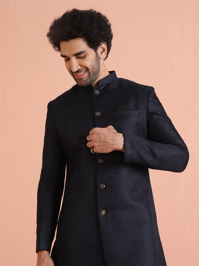 Navy Blue Silk Blend Woven Sherwani Kurta Trouser Set