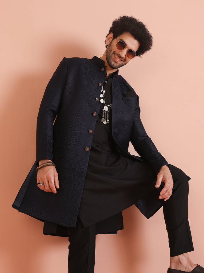 Navy Blue Silk Blend Woven Sherwani Kurta Trouser Set