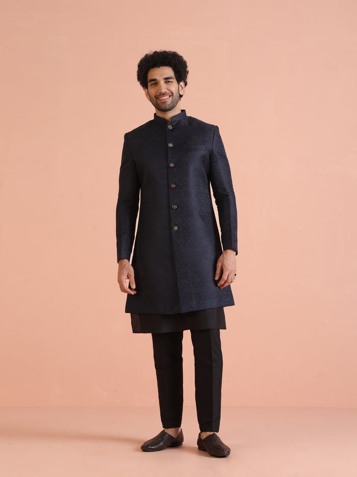 Navy Blue Silk Blend Woven Sherwani Kurta Trouser Set