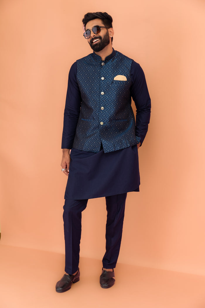 Navy Blue Silk Embellished Nehru Jacket Kurta Set
