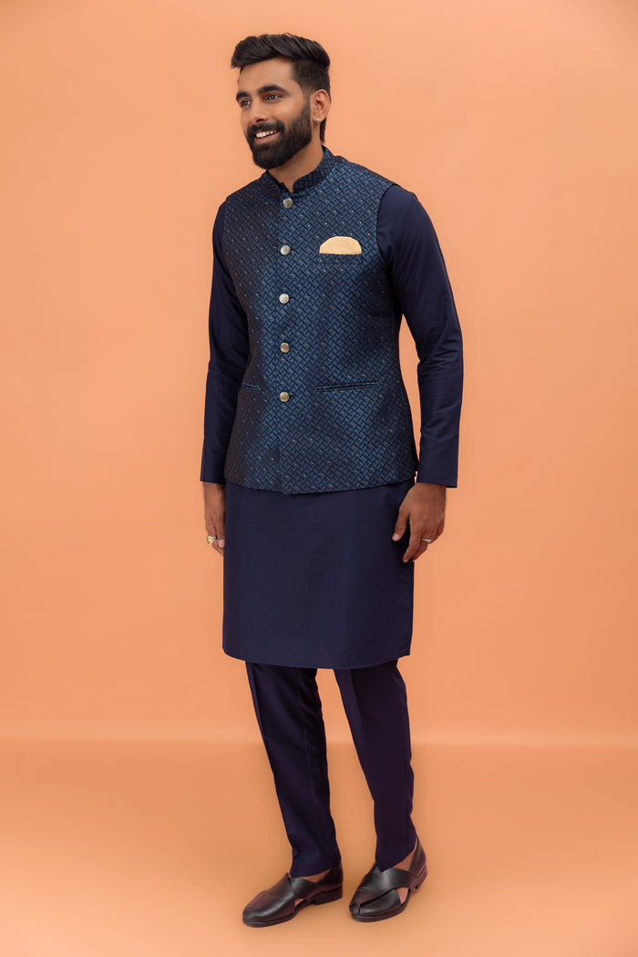 Navy Blue Silk Embellished Nehru Jacket Kurta Set