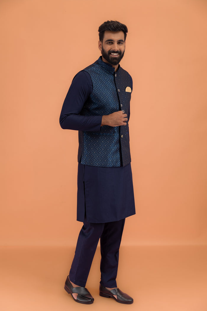 Navy Blue Silk Embellished Nehru Jacket Kurta Set